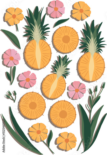  a vibrant vertical pattern focused on pineapples. It includes whole pineapples cut in half, round slices, colorful flowers, and tropical leaves