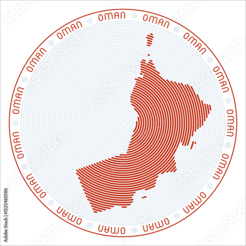 Oman round logo design. Country shape build of rings. Oman text around the country. Vector Illustration.