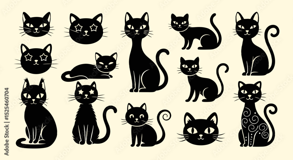 Obraz premium black silhouettes Collection of , cat icons on a white background. Various cat shapes and sizes. cat designs perfect for graphic projects. Element vector set.