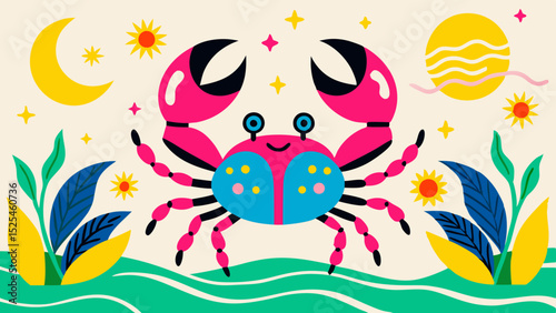 Colorful crab illustration with plants and sun on a beach background - Concept of children's drawing  
