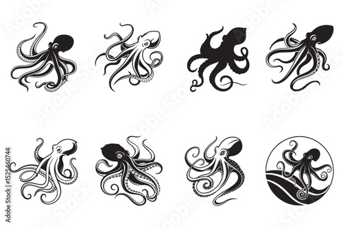 Four Stylized Black and White Octopus Designs