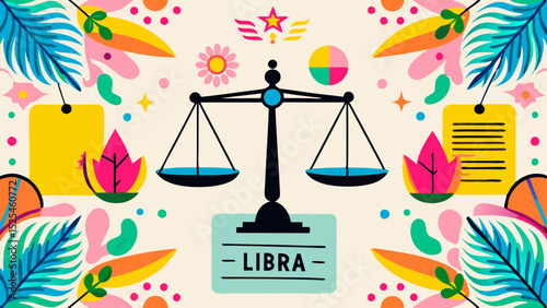 Scales of Libra with colorful floral decorations and vibrant background  