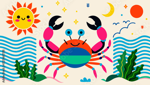 Colorful cartoon crab with sun and waves on beach background - Concept of children's drawing  