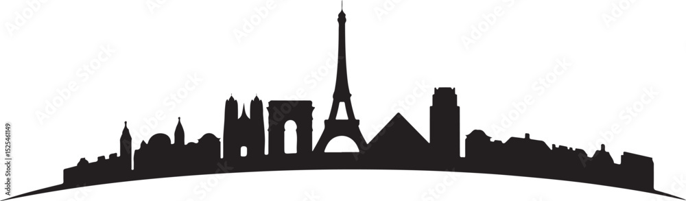Obraz premium Panoramic silhouette of the Paris, France cityscape. A simple black and white vector graphic icon of famous French architecture, isolated on a white background.