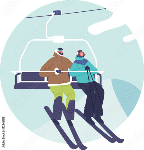 Couple skiers at ski elevator