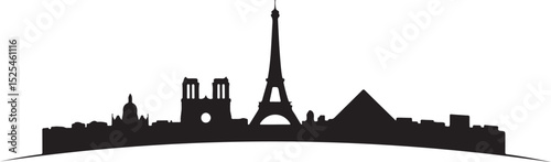 Panoramic silhouette of the Paris, France cityscape. A simple black and white vector graphic icon of famous French architecture, isolated on a white background.