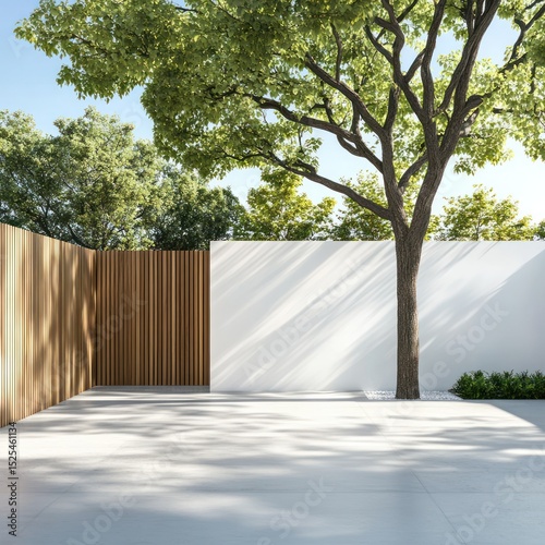 Tranquil courtyard with light-toned wood and white walls. Lush greenery