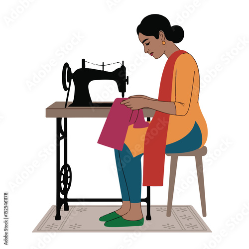 Old woman and man with sewing machines illustrate people working in an office with a computer at a desk