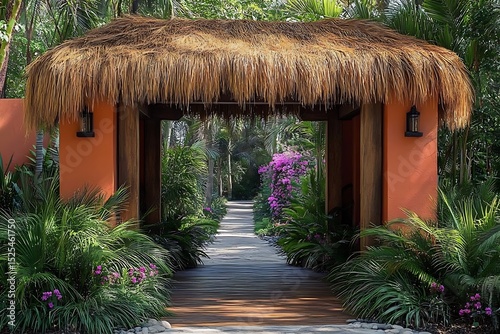 Fototapeta Naklejka Na Ścianę i Meble -  Wooden entrance archway in lush jungle high resolution picture