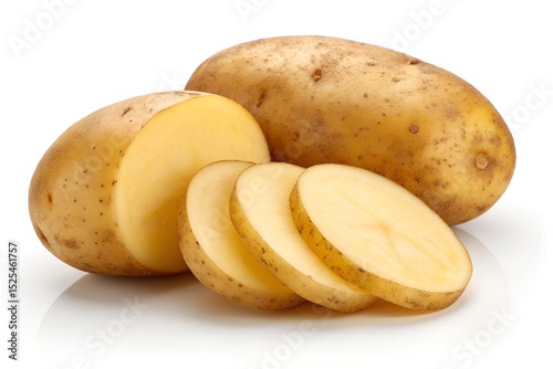 Whole and sliced potatoes on a white background, highlighting their fresh interior.