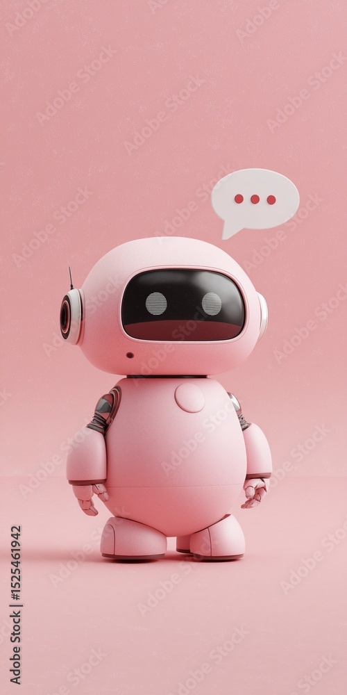 Obraz premium A robot with a pink body and a pink head stands on a pink background. The robot is wearing headphones and has a speech bubble that says 