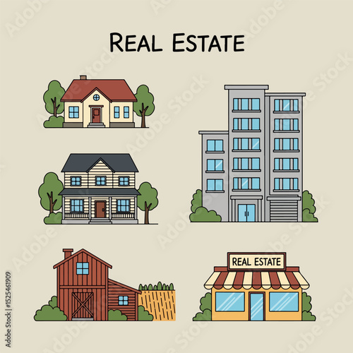 Simple Real Estate Buildings Illustration Set
