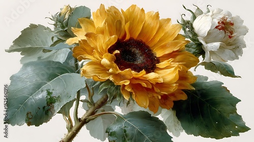 Floral Still Life: Elegant Arrangement of Golden Sunflower and White Flower Blossoms with Leafy Green Stems.