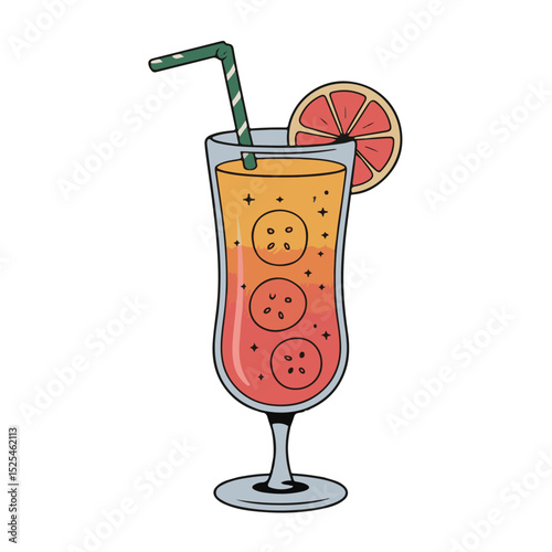 A refreshing red tropical fruit cocktail with ice and a straw in a glass, isolated on white