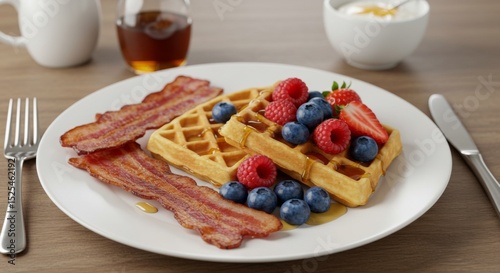 Delicious Waffles with Bacon and Berries Breakfast