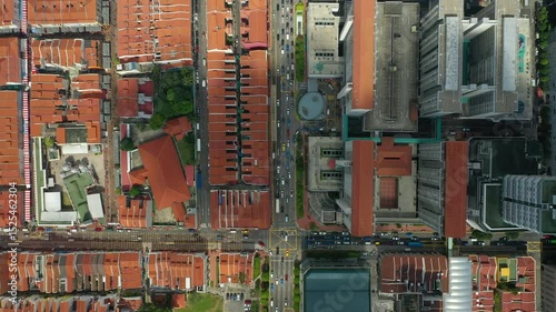 sunny day singapore city famous china town traffic street crossroad aerial topdown panorama 4k