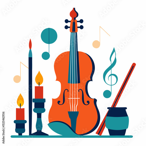 Minimal Violin and Candles Vector on White Background