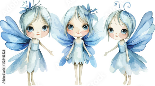 Three Cute Watercolor Fairy Girls with Blue Wings and Dresses on a White Background Illustration for Children s Books Art Prints and Digital Designs