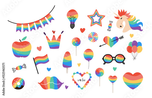Set of colorful rainbow-themed illustrations symbolizing LGBTQ+ pride and love. Includes hearts, unicorn, flags, candy, balloons, glasses, and more. Fun, vibrant flat design on white background.