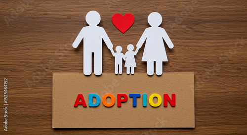 Adoption concept with paper family cutouts and colorful letters on a wooden background surface view
