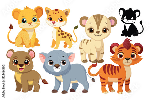 Realistic Illustration of Eight Standing Baby Animals in Various Poses and Colors