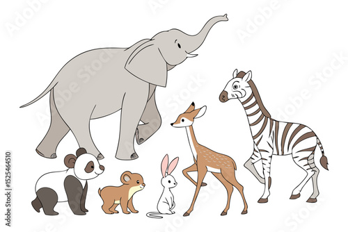 Cute Baby Animals Collection Standing Poses of Eight Different Species Illustration