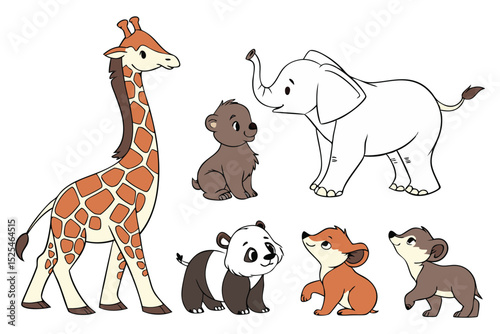 Realistic Colored Drawings of Eight Baby Animals Standing Together Dog Illustration Included in the Set