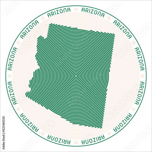 Arizona round logo design. State shape build of rings. Arizona text around the state. Vector Illustration.