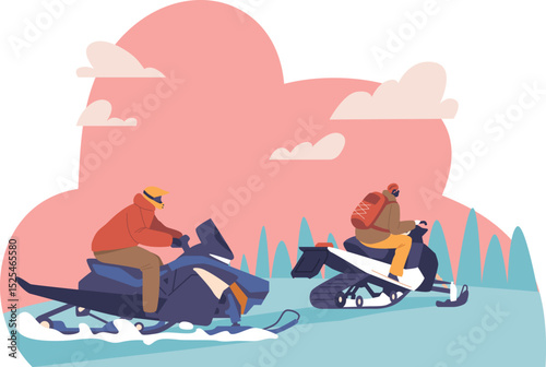 Group of snowmobile riders vector illustration