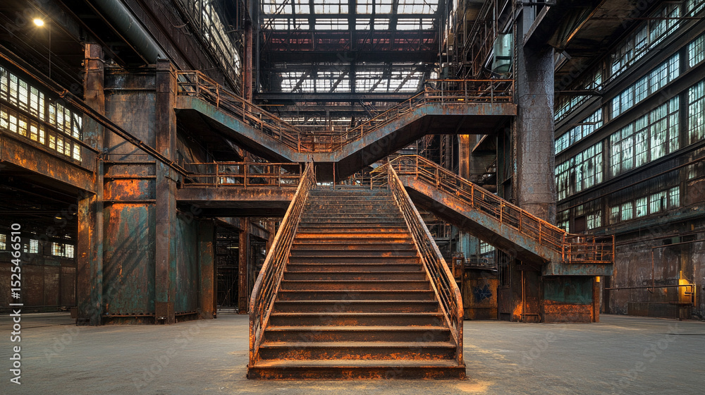 Fototapeta premium Metal staircase inside warehouse industrial building. Structure made of iron, steel leads up. Architecture construction features old functional access route. Perspective shot shows steps, balustrade -