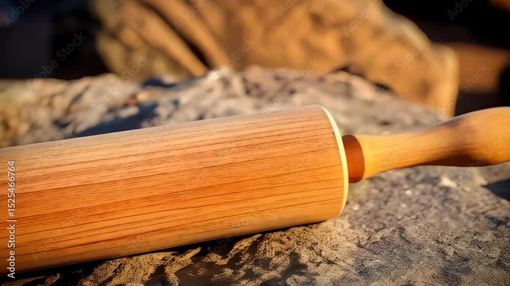 Wooden rolling pin resting on rough, uneven rock surface in natural light creating a raw, rustic, textured setting