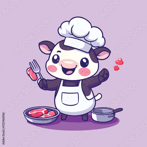 Cute Cartoon Cow Chef with Steak and Heart Illustration for Kids Culinary Theme Food Preparation Cartoon Animal Cooking Restaurant and Children s Book Illustration
