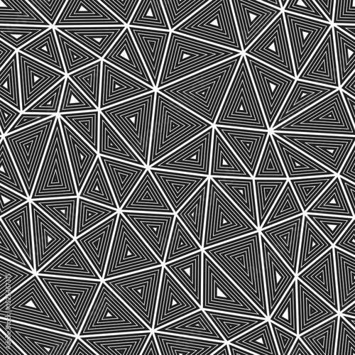 Triangles pattern. Multiple repeated inner triangles. Medium shape size. Black and white style. Seamless pattern. Beautiful vector tiles. Stylish vector illustration.
