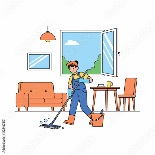 Woman Mopping Floor in a Living Room Illustration
