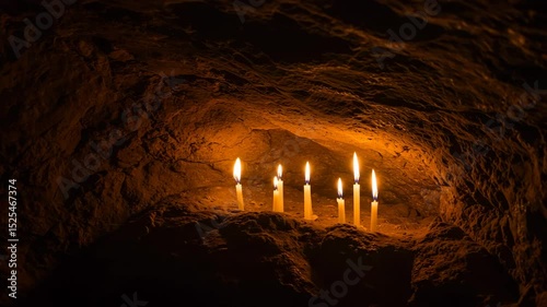 Candles illuminating cave walls in low light setting