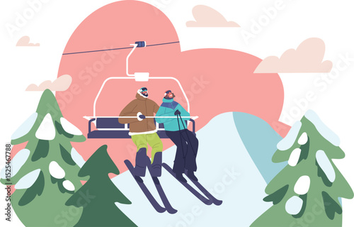 Couple skiers riding ski elevator