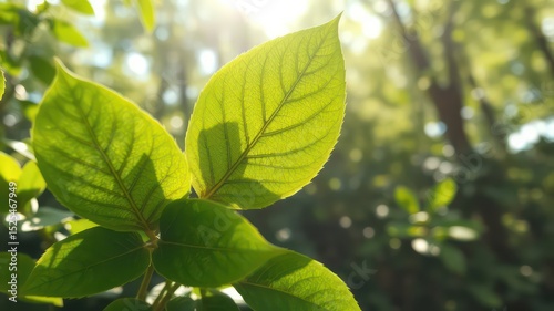 Sunlight filtering through vibrant green leaves in a forest setting, highlighting textures and patterns of nature