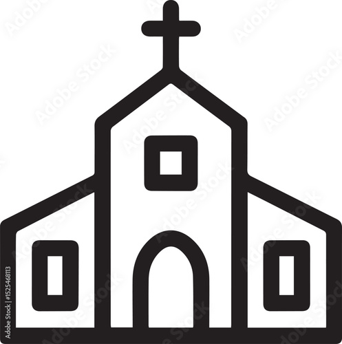 Simple Church Icon with Cross on Top in Black and White