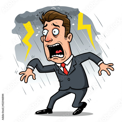 Frightened cartoon businessman in panic reacting to thunderstorm phobia, vector illustration