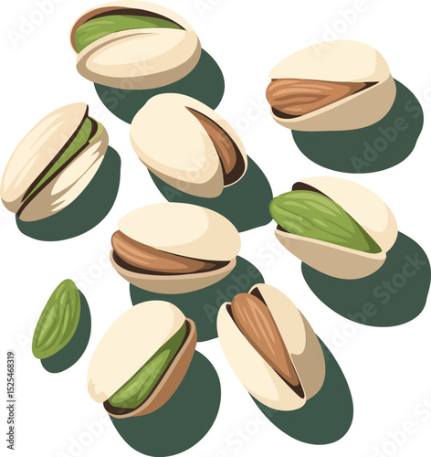  a scattering of pistachios. Some nuts are depicted in their shells, while others are open or fully shelled. 