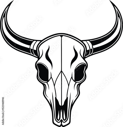 Bull skull silhouette, western skull icon, horned skull vector