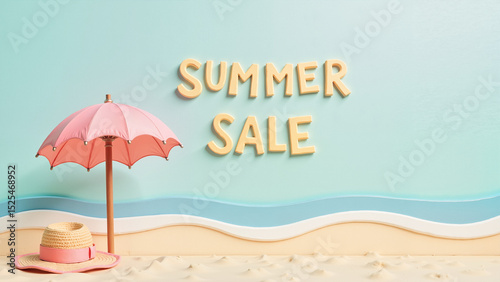 Summer sale sign with pink umbrella and beach scene background  