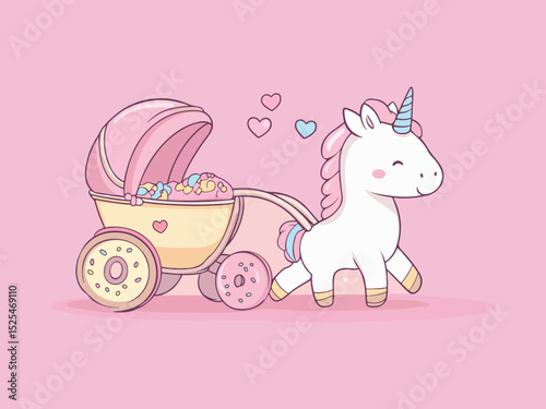 Cute Cartoon Unicorn with Baby Stroller on Pink Background Adorable Nursery Illustration for Children Magical Creature and Sweet Transportation Perfect for Baby Shower Designs