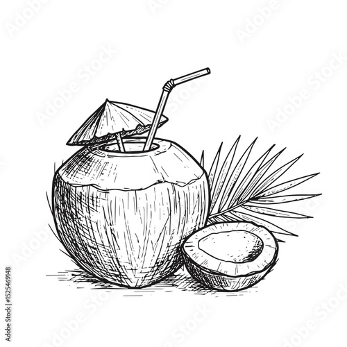 Hand-drawn coconut drink with straw and umbrella for tropical cocktail illustration