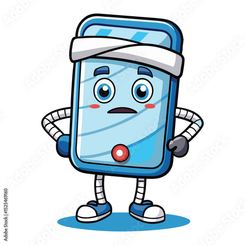 Cartoon Medical Device with Bandage and Googly Eyes on Isolated White Background