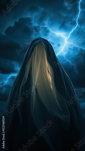 Eerie ghost apparition with stormy sky and lightning photography background image