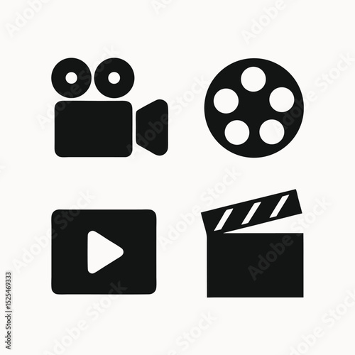 Filmmaking Icons Camera, Film Reel, Play Button, Clapperboard