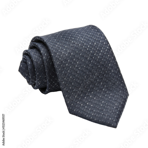 A meticulously detailed microprint silk necktie, elegant, laid out on a transparent isolated background with bright, shadowless studio lighting, showcasing fine texture and subtle sheen. Concept for photo