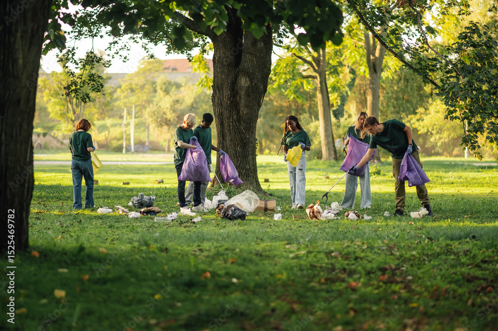 Obraz premium Volunteers collecting garbage in park cleaning day