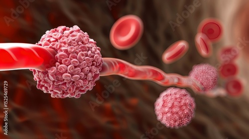 Cancer Cells in Bloodstream, Microscopic View of Malignant Tumor Cells, 3D Rendering.